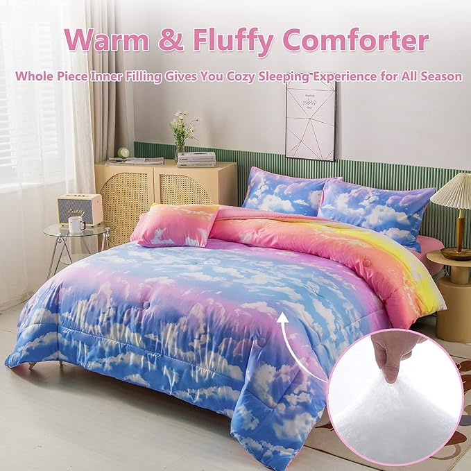 PERFEMET Full Size Bedding Sets for Girls, 6 Pieces Blue Sky and White Cloud Print Comforter Set Bed in A Bag, Rainbow Ombre Bedding Comforter Sets with Sheets (Cloud Pattern, Full)