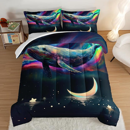HOSIMA 3D Whale Galaxy Bedding Comforter Sets,Stars Moon Comforter Starry Room Decor Aesthetics,Ocean Theme Marine Life Whale Comforter with 2 Pillowcases Full Size Bed in a Bag Set for Adults Kids.
