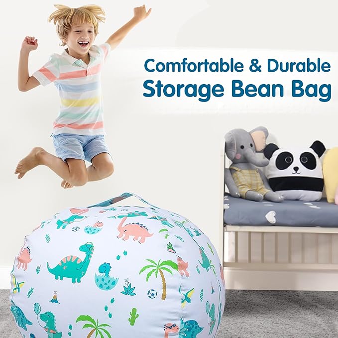 Lukeight Stuffed Animal Storage Bean Bag Chair Cover for Kids, Dinosaur Zipper Beanbag Chair Cover for Organizing Toddler & Kids' Rooms Plush Toys (Dinosaur Blue, X-Large)