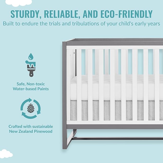 Arlo 5-in-1 Convertible Crib in Steel Grey and White, JPMA Certified, 3 Mattress Height Settings, Non-Toxic Finish, Made of Sustainable and Sturdy Pinewood