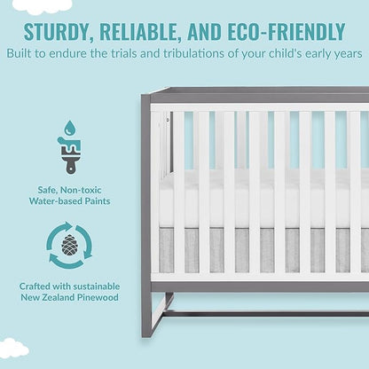 Arlo 5-in-1 Convertible Crib in Steel Grey and White, JPMA Certified, 3 Mattress Height Settings, Non-Toxic Finish, Made of Sustainable and Sturdy Pinewood