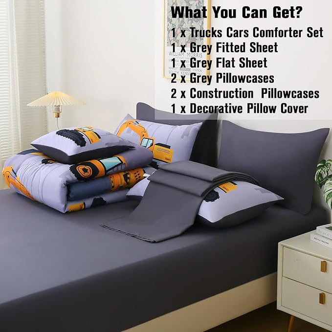 JQinHome Construction Full Bedding Sets for Boys Kids,8 Piece Bed in A Bag 3D Cartoon Car Excavator Tractor Comforter Set with Sheet Set,Trucks Cars