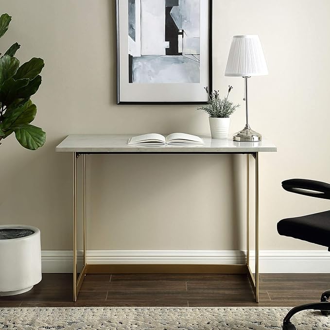 Walker Edison Modern Glam Faux Top Laptop Writing Desk Home Office Workstation Small, 42"L x 20"W x 30"H, Marble/Gold