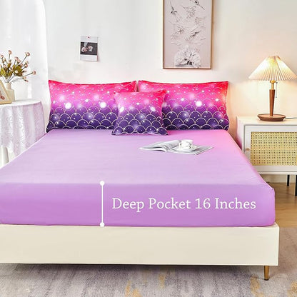 URBONUR Purple Glitter Comforter Set Full Size for Girls 6 Piece Bed in A Bag Comforter with Sheets Set, Gradient Pink Purple Sparkle Mermaid Fish Scales Bedding Comforter Set