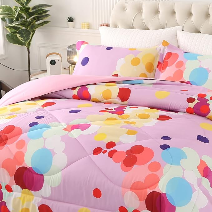 ENCOFT Pink Twin Comforter Set for Girls 3 Piece Colorful Bubbles Bedding Set Color Comfortable and Breathable for Teens and Adults All season with 1 Comforter and 2 Pillowcases