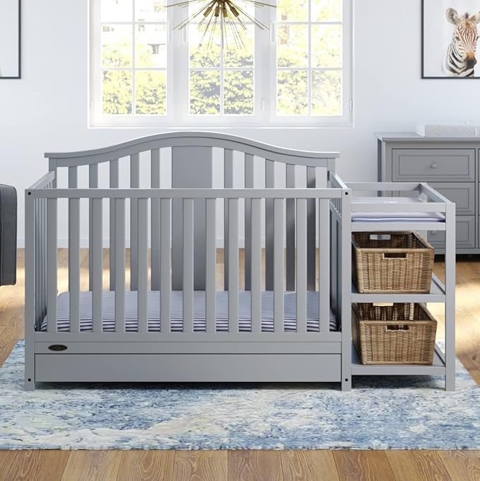 Graco Solano 4-in-1 Convertible Crib and Changer with Drawer (Pebble Gray) – Crib and Changing Table Combo with Drawer, Includes Changing Pad, Converts to Toddler Bed, Daybed and Full-Size Bed
