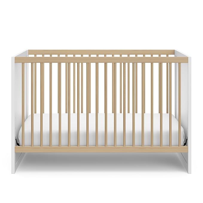 Storkcraft Calabasas 3-in-1 Convertible Crib (White with Driftwood) – GREENGUARD Gold Certified, Fits Standard Crib Mattress, Converts to Toddler Bed, Modern Style, Easy 30-Minute Assembly