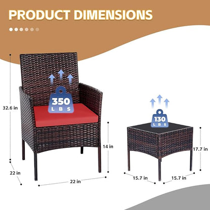 Patio Furniture Set 3 Pieces All-Weather Rattan Outdoor Furniture Patio Chairs with Tempered Glass Table for Porch Bistro Balcony Bistro Set(Brown/Red)
