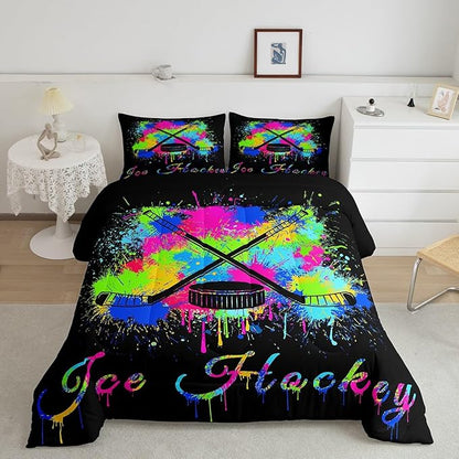 Feelyou Kids Ice Hockey Comforter Set Twin Size Gaming Sports Bedding Set for Boys Girls Teens Bedroom Decor Ice Sports Games Tie Dye Comforter Hockey Player Duvet Set with 1 Pillow Case