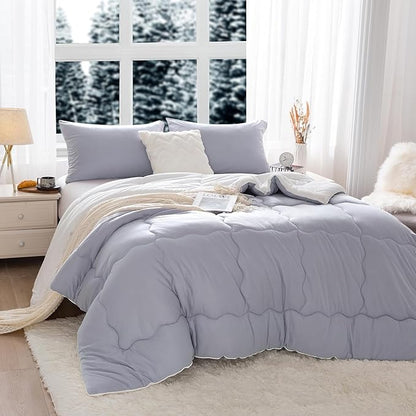 COTTEBED Winter Reversible Queen Bed Comforter Set, Warm Milk Cup Ultra-Soft Breathable Fluffy Cosy Full Size Bedding 1 Down Alternative Comrter & 2 Pillow Sham Winter Use Gray and White