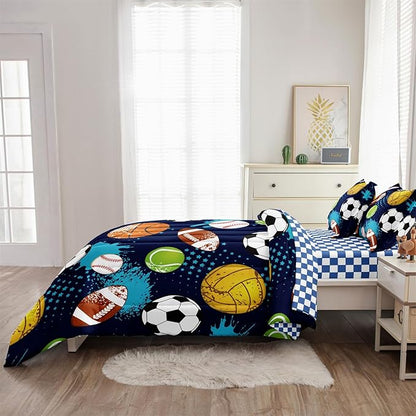 Kids Boys Comforter Set Twin Bed in a Bag w/Sheet Sets, Blue Twin Bedding Sets for Teens Soccer Basketball Baseball Football Sports Themed Bedroom Decor Reversible Design