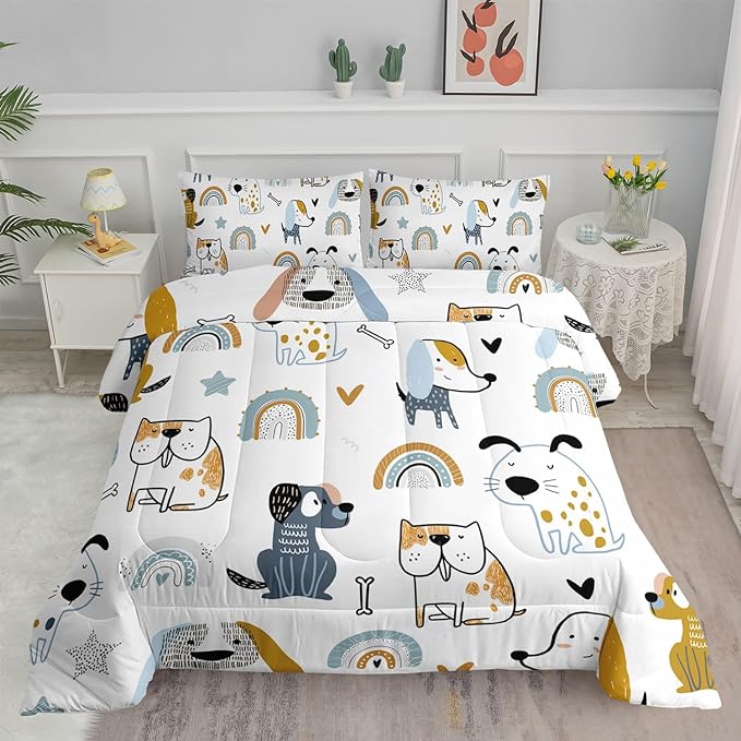 Datura home Kawaii Dogs Comforter Set Cute Dogs and Rainbow Printed Quilt Bedding Set with 1 Comforter and 2 Pillowcases for Boys and Girls Bedroom All Season(Dogs Queen)
