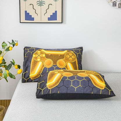 NTBED Game Console Comforter Set for Boys Girls Kids 3D Gaming Geometric Lightweight Microfiber Bedding Sets (Gold, Twin)