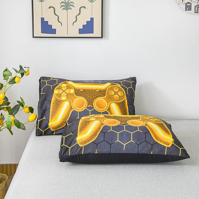 NTBED Gold Game Console Comforter Set Queen for Boys Girls Kids 3D Gaming Geometric Lightweight Microfiber Bedding Sets