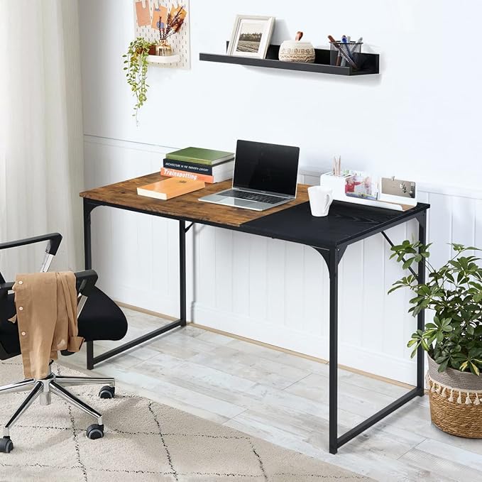FurnitureR 39.4" Home Office Table Simple Computer Desk Laptop PC Writing Sturdy Metal Frames for Study Room, Brown&Black