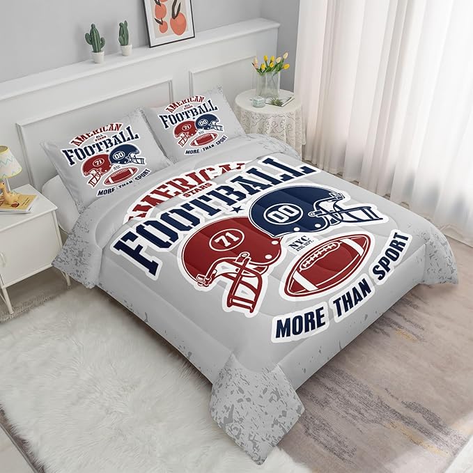 Datura home American Football Comforter Set Vintage Grey American Football Printed Quilt Bedding Set with 1 Comforter and 2 Pillowcases for Boys and Girls Bedroom All Season(Football Grey Queen)