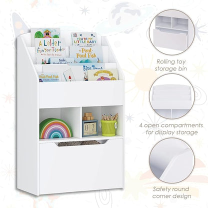 UTEX Bookshelf for Kids, Wooden Book Display, Kids Bookshelf and Toy Storage, Children Book Rack Bookcase Toybox Combo for Bedroom & Nursery, White