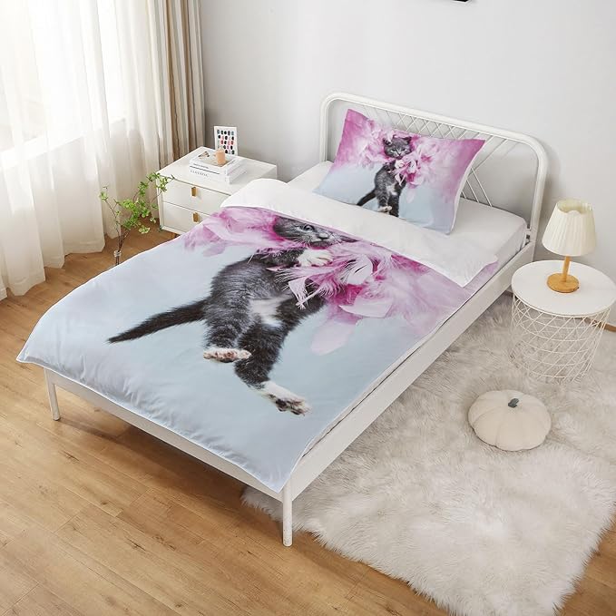 Cat Comforter Twin, Cat Bedding Set Twin Size for Kids, Cat Comforter Set for Girls and Boys, Pink Feathers Black Cat 3Pcs(1Summer Comforter+ 2 Pillowcases) Lovely Animal Pets Duvet Set