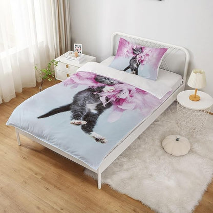 Cat Comforter Twin, Cat Bedding Set Twin Size for Kids, Cat Comforter Set for Girls and Boys, Pink Feathers Black Cat 3Pcs(1Summer Comforter+ 2 Pillowcases) Lovely Animal Pets Duvet Set