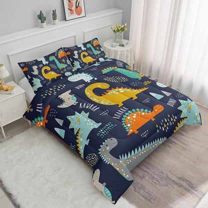 Datura home Bedding Comforter Set Kawaii Cartoon Dinosaur Printed Pattern Bedding Set with 1 Comforter and 2 Pillowcases for Boys Bedroom All Season(Cute Dinosaur Queen)