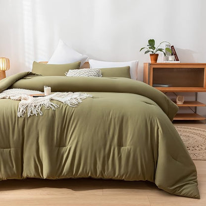 Olive Green Queen Comforter Set 3PCS Farmhouse Bed Comforter Set Queen Size Soft Lightweight Down Alternative Microfiber Comforter for All Season (1 Comforter, 2 Pillowcases)