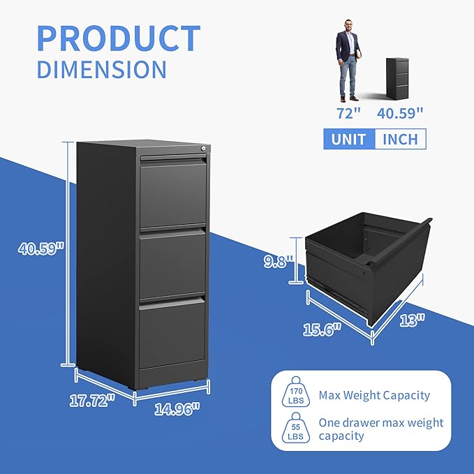 Vertical File Cabinet with Drawers, 3 Drawer File Cabinet for Home Office, Locking File Cabinet Hanging Files for A4/ Legal/Letter, Black