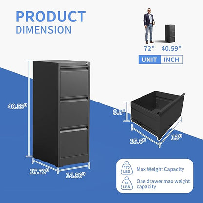 Vertical File Cabinet with Drawers, 3 Drawer File Cabinet for Home Office, Locking File Cabinet Hanging Files for A4/ Legal/Letter, Black