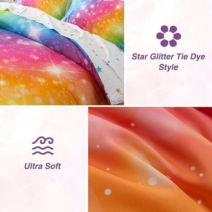A Nice Night 6Pcs Gradient Glitter Bedding Set for Girls, Colorful Rainbow Galaxy Comforter Set, Ultra Soft Bedding Sets (Multi,Full 6Pcs)