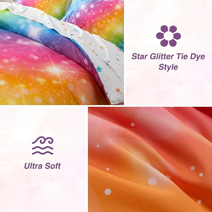 A Nice Night 6Pcs Gradient Glitter Bedding Set for Girls, Colorful Rainbow Galaxy Comforter Set, Ultra Soft Bedding Sets (Multi,Twin 6Pcs)