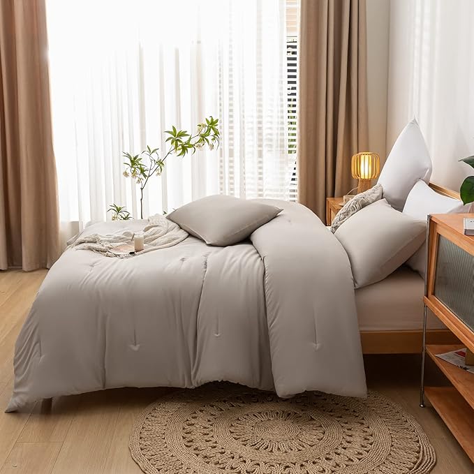 King Comforter Set Tannish Grey Solid Color Lightweight Bedding Comforter Sets 3pcs (1 Comforter, 2 Pillowcases) Soft Microfiber Down Alternative Comforter for All Season