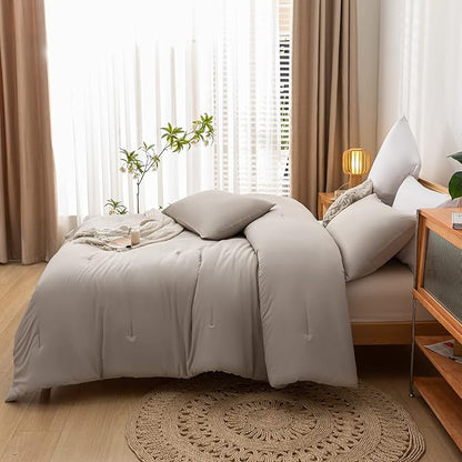 King Comforter Set Tannish Grey Solid Color Lightweight Bedding Comforter Sets 3pcs (1 Comforter, 2 Pillowcases) Soft Microfiber Down Alternative Comforter for All Season