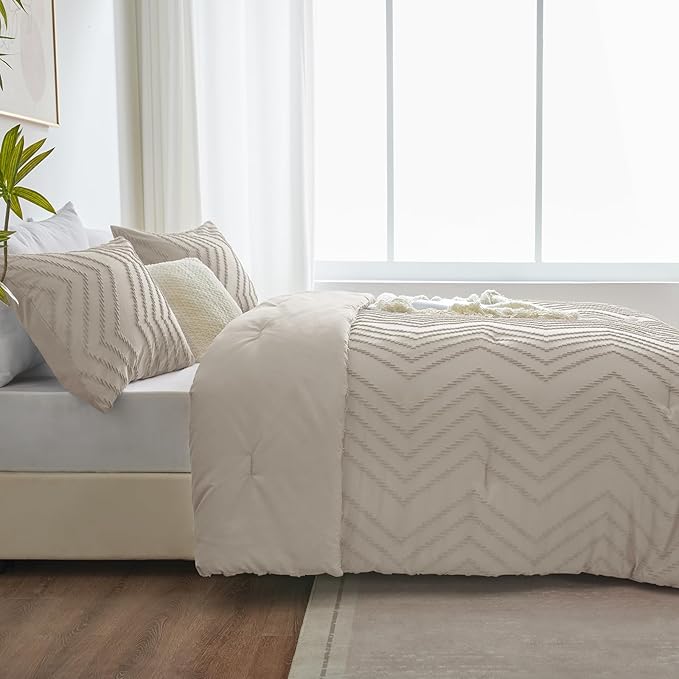 CozyLux California King Size Comforter Set Beige - 3 Pieces Cal King Boho Tufted Shabby Chic Bedding Comforter Set for All Seasons, Chevron Bedding Sets with Comforter & 2 Pillow Shams