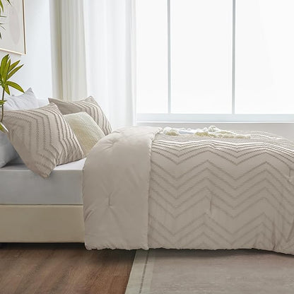 CozyLux Full Size Comforter Set Beige - 3 Pieces Boho Tufted Shabby Chic Bedding Comforter Set for All Seasons, Chevron Bedding Sets with Comforter & 2 Pillow Shams