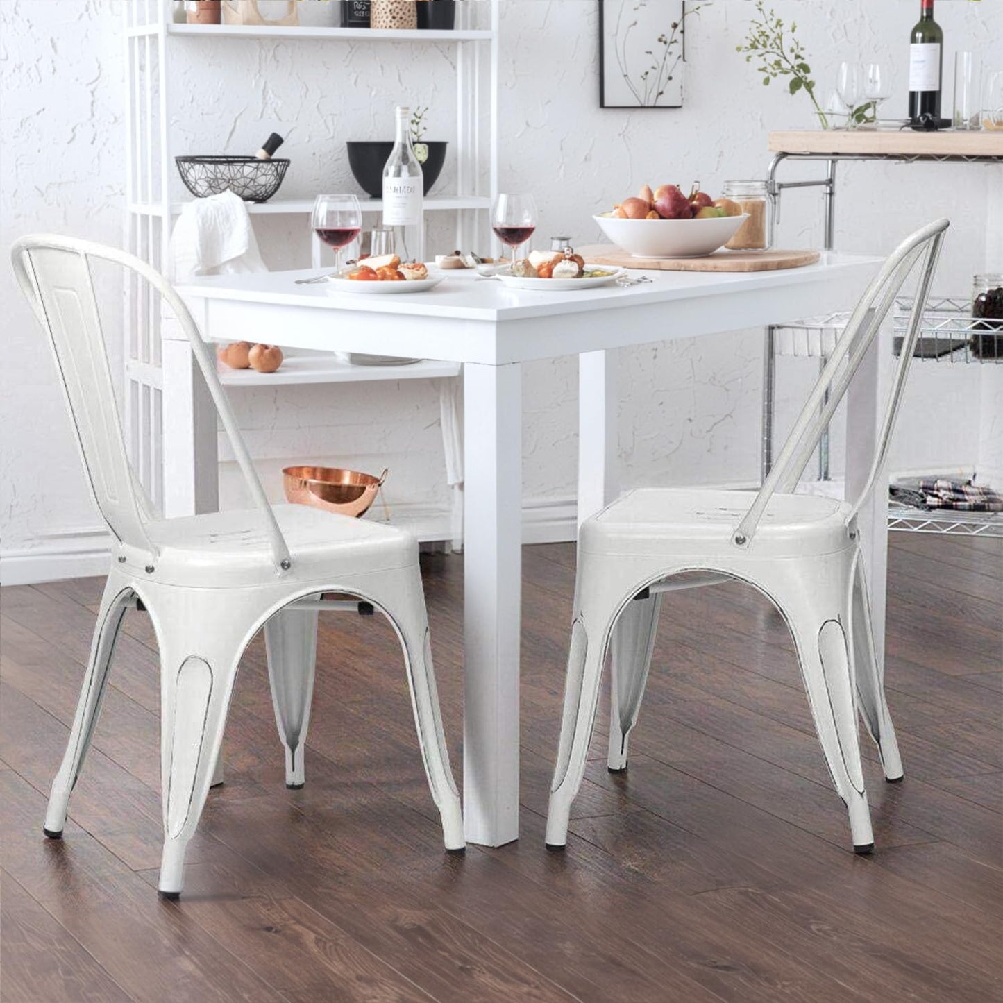 Furmax Metal Dining Chair Indoor Outdoor Use Stackable Chic Side Classic Trattoria Metal Chairs Set of 4 for Kitchen, Dining Room, Bistro and Cafe (Distressed White)
