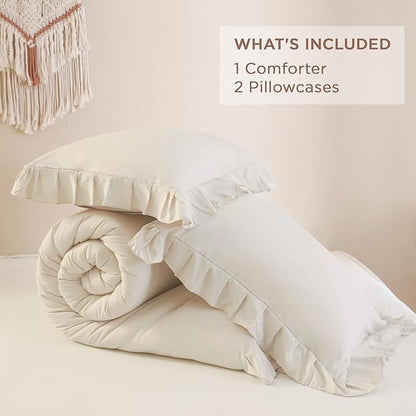Andency Beige Cream California King Size Comforter Set, 3 Pieces Shabby Chic Ruffle Bedding Comforter Sets for Men Women, Soft Cozy Lightweight Fluffy Down Alternative Decorative Bed Set