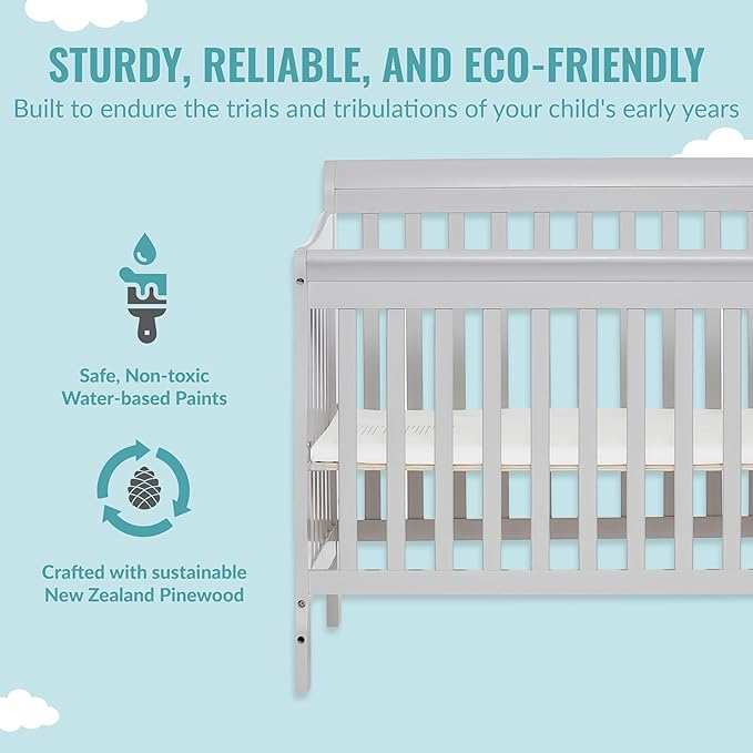 Aden 4-in-1 Convertible Mini Crib In Grey, Greenguard Gold Certified, Non-Toxic Finish, New Zealand Pinewood, With 3 Mattress Height Settings