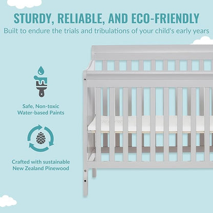 Aden 4-in-1 Convertible Mini Crib In Grey, Greenguard Gold Certified, Non-Toxic Finish, New Zealand Pinewood, With 3 Mattress Height Settings