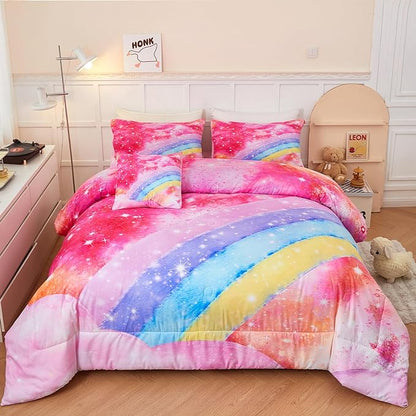 6 Pieces Pink Tie Dye Full Size Bedding Sets for Girls/Teens/Kids, Colorful Rainbow Girls Comforter Set, Sparkle Galaxy Glitter Bedding Comforter Set for All Season