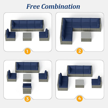 SUNVIVI OUTDOOR 7 Piece Patio Furniture Sets All Weather Gery PE Wicker Couch Sofa with Glass Table, Removable Navy Cushions
