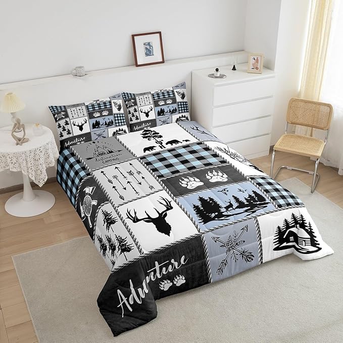 Deer Bear Kids Comforter Set Queen Size,Hunting Adventure Rustic Farmhouse Bedding Set for Boys Girls Adults Room Decor,Geometric Plaid Patchwork Down Comforter,Blue Xmas Duvet Insert,2 Pillowcases