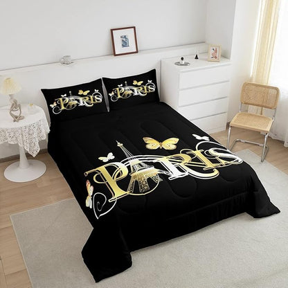 Eiffel Tower Comforter Chic Paris Theme Bedding Set for Kids Boys Girls Butterfly Paris Cityscape Printed Comforter Set Modern French Style Duvet Set Golden Black Bedroom Decor Quilt Set Twin Size