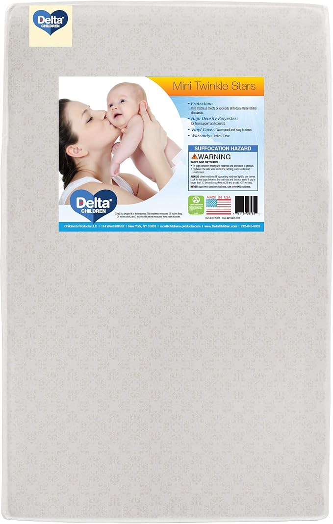 Delta Children Emery Mini Convertible Baby Crib & Twinkle Stars 3-Inch Waterproof Mini Crib Mattress, Bianca White