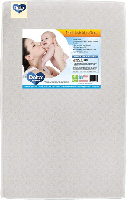 Delta Children Emery Mini Convertible Baby Crib & Twinkle Stars 3-Inch Waterproof Mini Crib Mattress, Bianca White