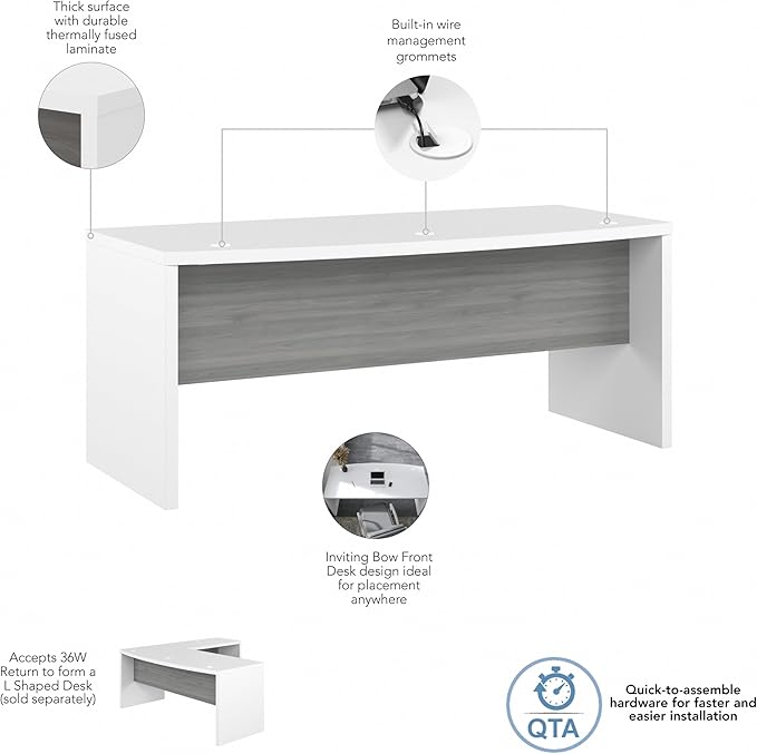 Bush Business Furniture Echo Bow Front Desk, 72W, Pure White and Shiplap Gray