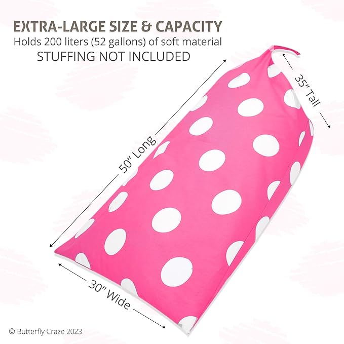 Butterfly Craze Bean Bag Chair Cover, Functional Toddler Toy Organizer, Fill with Stuffed Animals to Create a Jumbo, Comfy Floor Lounger for Boys or Girls, Stuffing Not Included, Pink Polka Dots