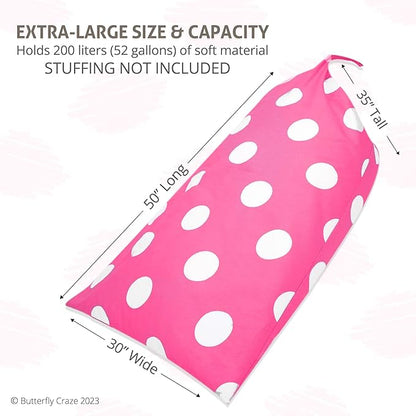 Butterfly Craze Bean Bag Chair Cover, Functional Toddler Toy Organizer, Fill with Stuffed Animals to Create a Jumbo, Comfy Floor Lounger for Boys or Girls, Stuffing Not Included, Pink Polka Dots