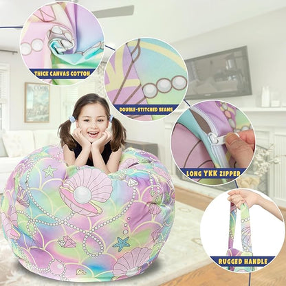 Stuffed Animal Storage Bean Bag Chair Cover, Hold Kids Plush Toys Blankets Towels Beanbag (Cover Only), Canvas Floor Circle Stuff Sit Seat Sofa with YKK Zipper, Extra Large 38", Pink Shell
