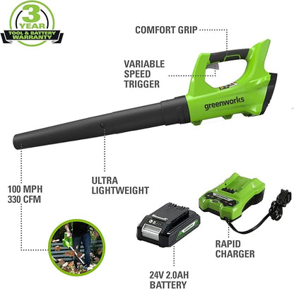 Greenworks 24V Axial Blower (100 MPH / 330 CFM), 2.0Ah Battery and Charger