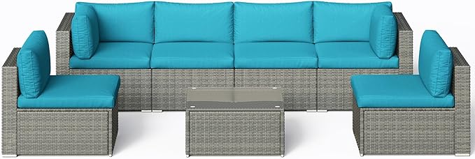 SUNVIVI OUTDOOR 7 Piece Patio Furniture Sets All Weather Grey PE Wicker Couch Sofa with Glass Table, Removable Blue Cushions
