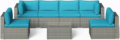 SUNVIVI OUTDOOR 7 Piece Patio Furniture Sets All Weather Grey PE Wicker Couch Sofa with Glass Table, Removable Blue Cushions